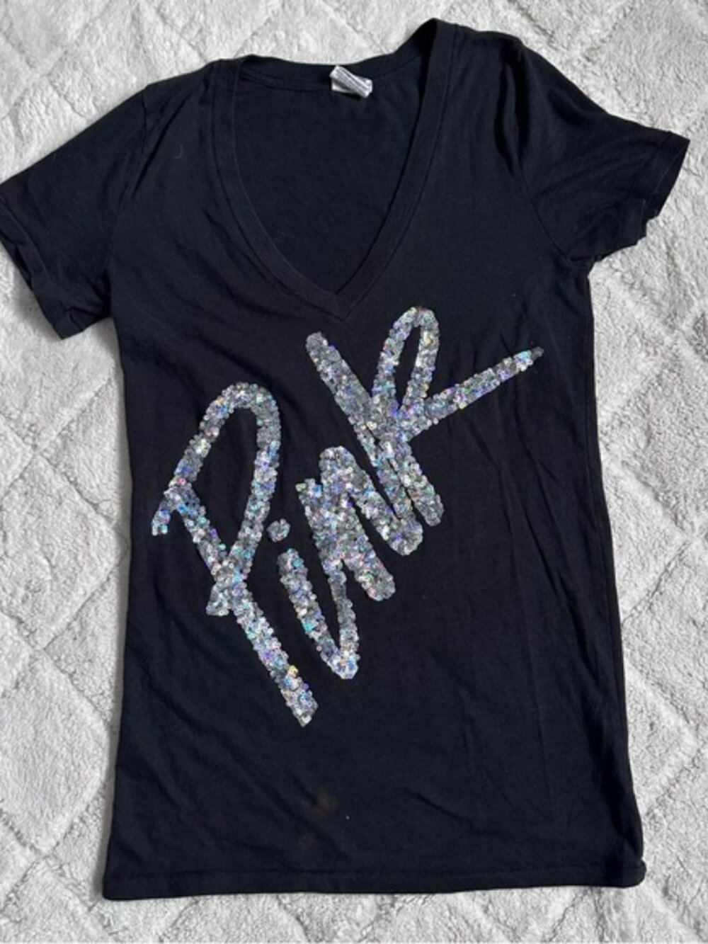 Victoria's Secret PINK | Black Sequin Bling V-Neck Short Sleeve Tee | Size Small
